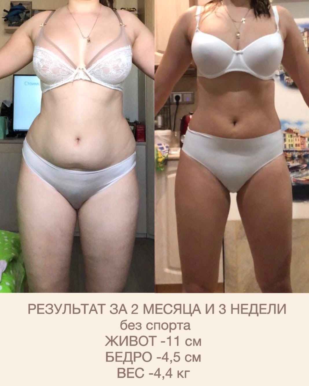 Сравнение фигуры участницы до и после двух месяцев и трёх недель программы